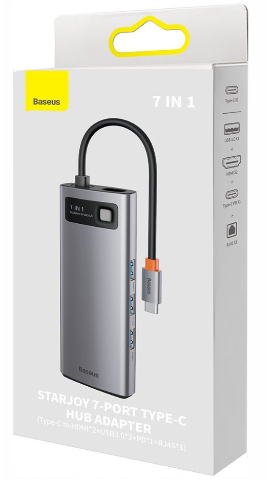 USB-C хаб Baseus Metal Gleam 7в1 3USB/2HDMI/USB-C/RJ45 WKWG040113 серый