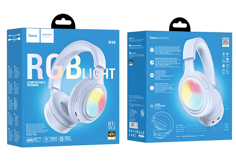 Стереонаушники Bluetooth полноразмерные Hoco W48 RGB синие