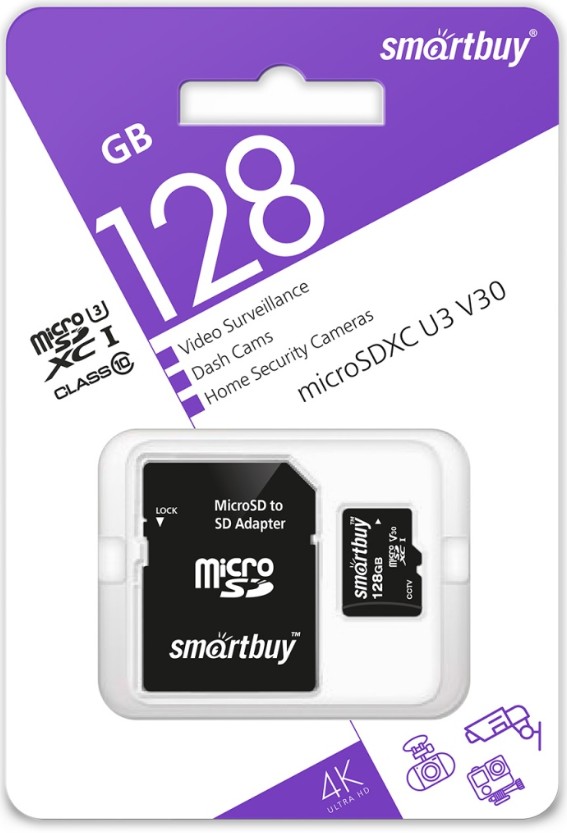 micro SDXC карта памяти Smartbuy 128GB Class10 U3 V30с адаптером SD) (SB128GBSDCCTV)
