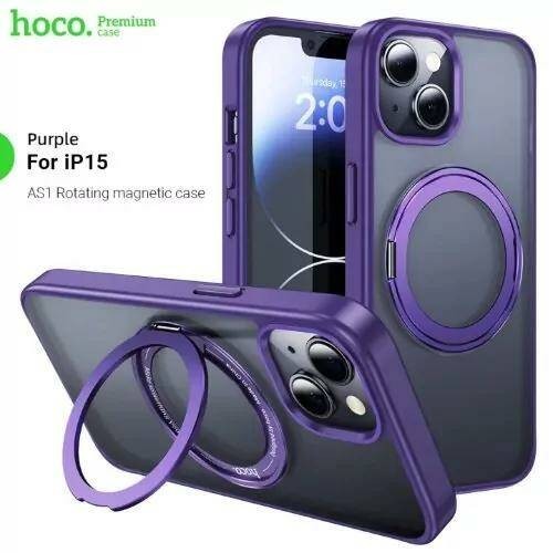 Накладка для i-Phone 15 Hoco Stand Magnetic матово-прозрачный фиолетовый с кольцом 360°