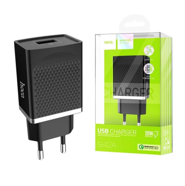Сетевое зар. устр. Hoco C42A 1USB QC3.0 3A 18W черное
