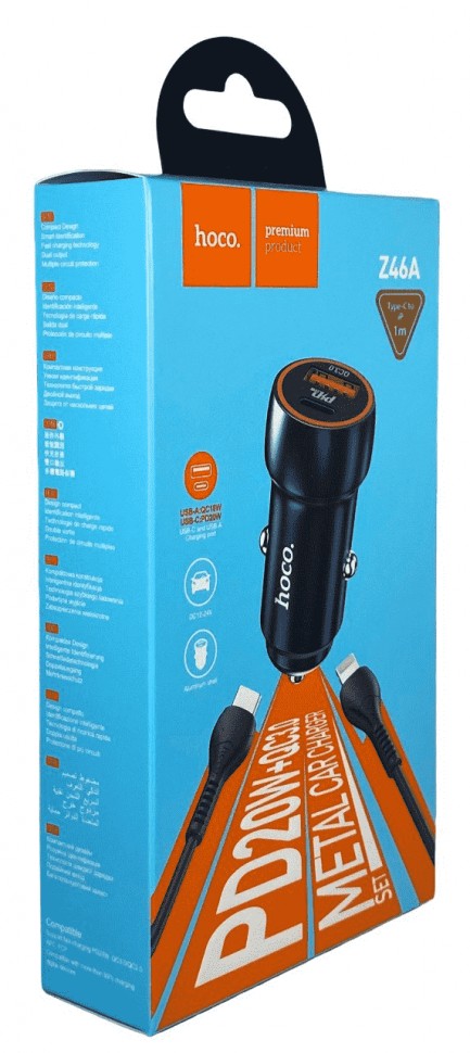 Автомобильное заряд. устр. Hoco Z46A с шнуром Type-C на Lightning 1USB/1C 18W QC3.0 синее