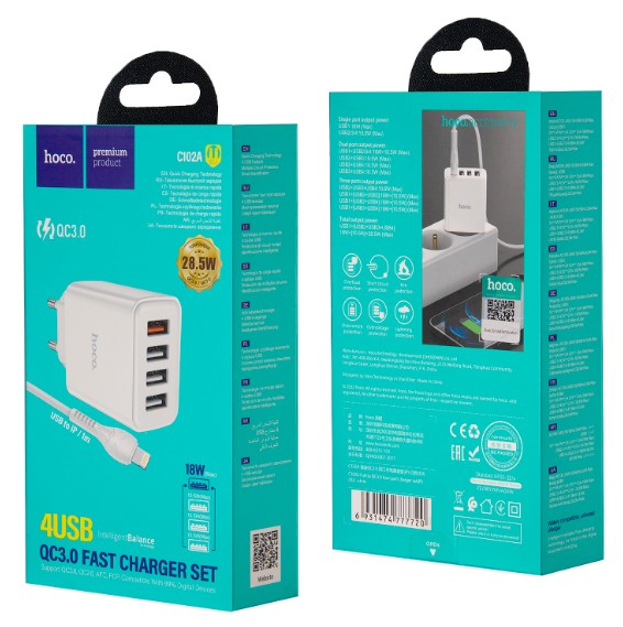 Сетевое зар. устр. Hoco C102A с кабелем Lightning 4USB 18W QC3.0 белое
