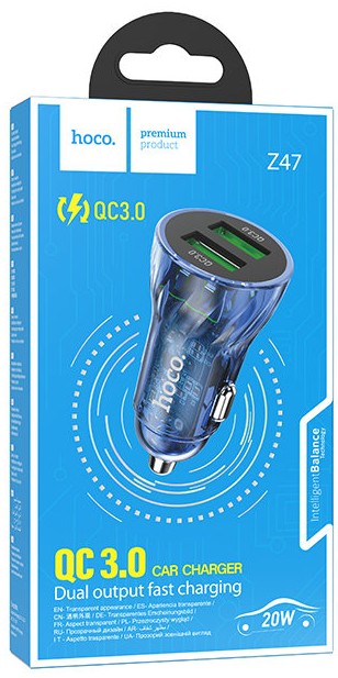 Автомобильное заряд. устр. Hoco Z47 2USB QC3.0 18W синее