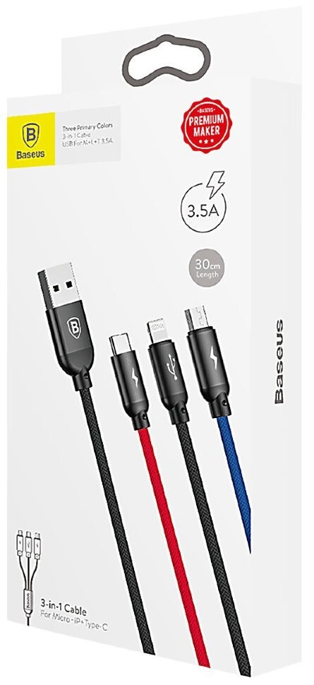 Кабель-зарядка Baseus Three Primary Micro+Lightning+Type-C 3.5A 30см (CAMLT-ASY01) черный