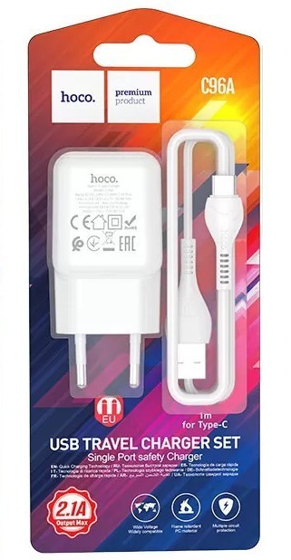 Сетевое зар. устр. Hoco C96A с шнуром Type-C 1USB 2.1A белое Сетевое зар. устр. Hoco C96A с шнуром Type-C 1USB 2.1A белое