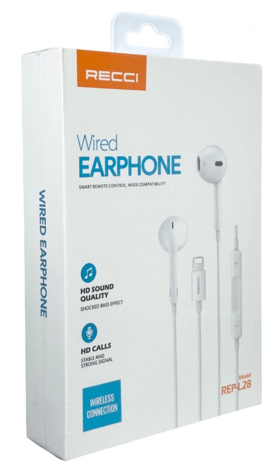 Наушники с микрофоном Recci REP-L28 1.2м Lightning белые