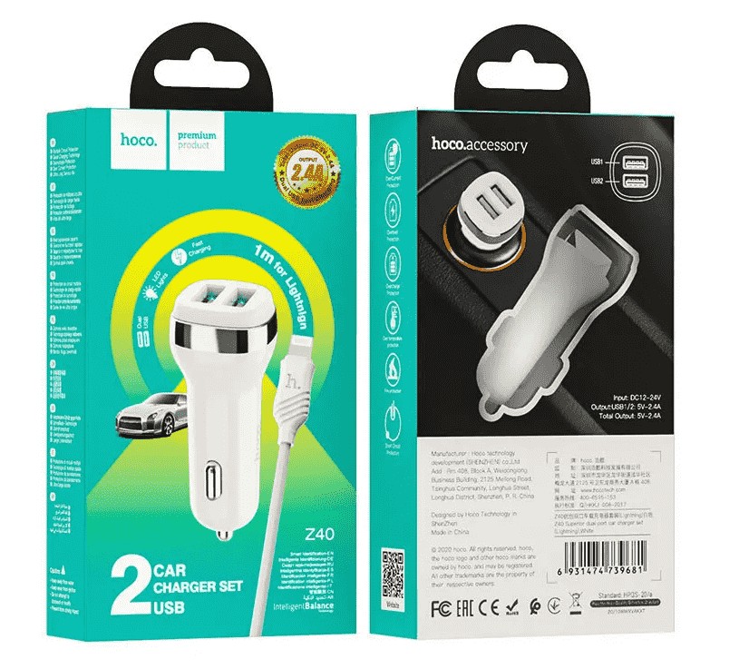 Автомобильное заряд. устр. Hoco Z40 с шнуром Lightning 2USB QC3.0 2.4A 18W белое