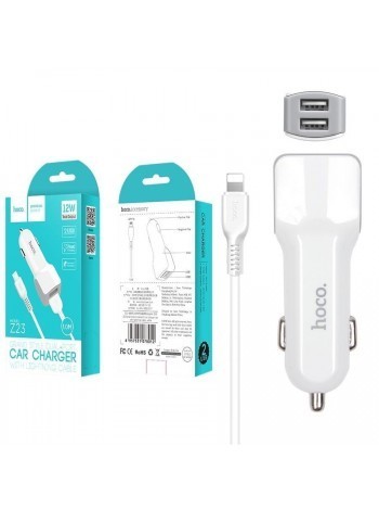Автомобильное заряд. устр. Hoco Z23 с шнуром Lightning 2USB 2.4А белое