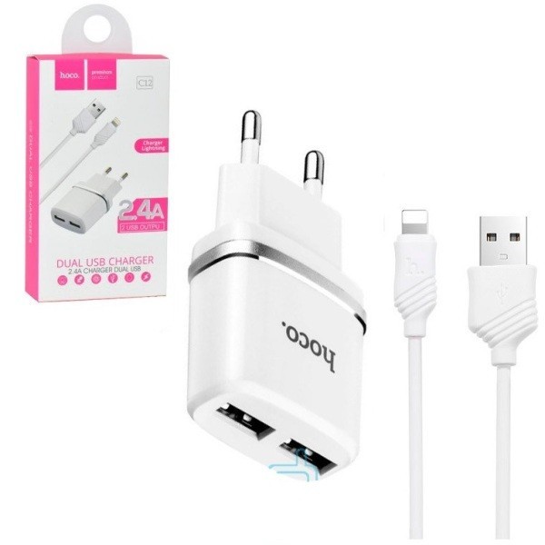Сетевое зар. устр. Hoco C12 2USB Lightning 2.4A белое