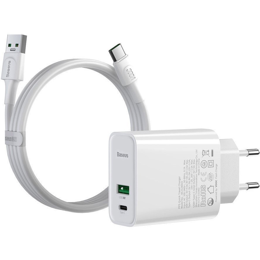 Сетевое зар. устр. BaseusSpeed PPS 1USB/1C 30W (TZCCFS-H02) белое