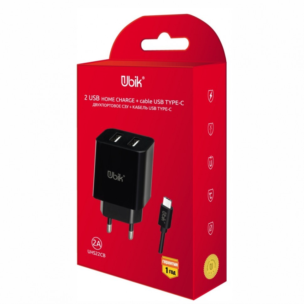 Сетевое зар. устр. Ubik UHS22C 2USB/1C 2A белое