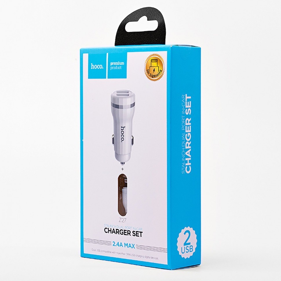 Автомобильное заряд. устр. Hoco Z27 с шнуром Lightning 2USB 2.4А белое