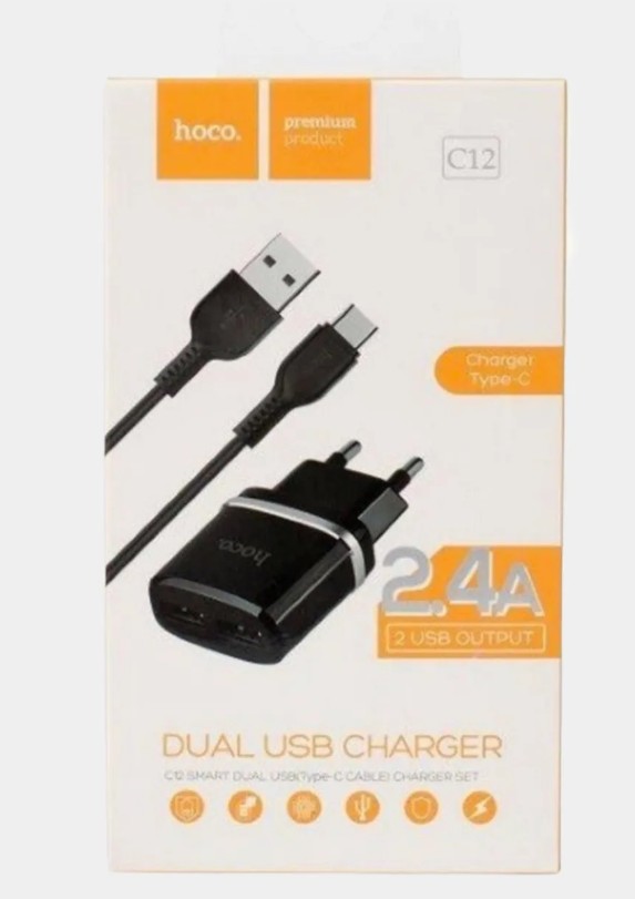 Сетевое зар. устр. Hoco C12 с шнуром Type-C 2USB, 2.4A черное