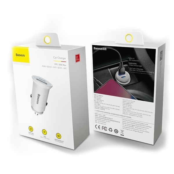 Автомобильное заряд. устр. Baseus Circular Plastic 1USB+1C 30W (CCALL-YS02) белое