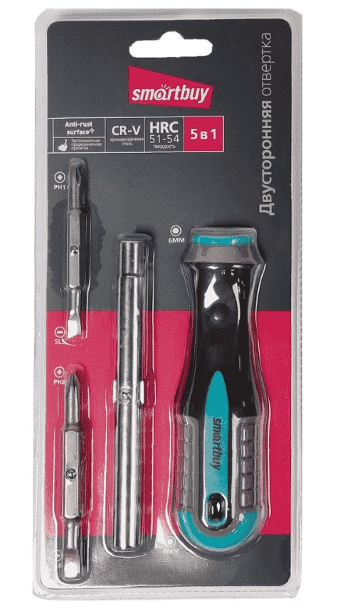 Двусторонная отвертка 6 в 1, с переставной битой PH1,PH2, SL5,SL6, удлинитель CR-V Smartbuy tools