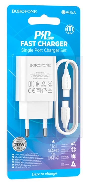 Сетевое зар. устр. Borofone BA65A с шнуром Type-C на Type-C 1C 20W белое