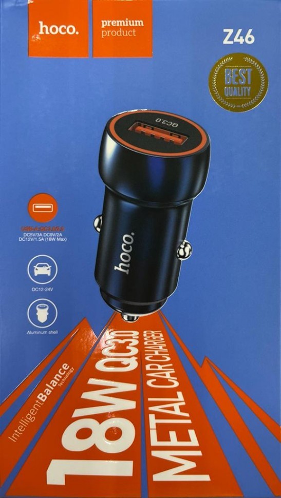 Автомобильное заряд. устр. Hoco Z46 1USB QC3.0 18W синее