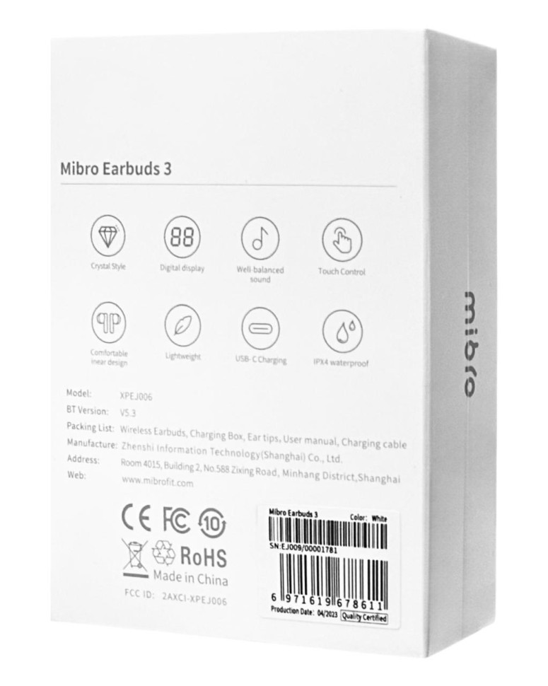 Наушники беспроводные Bluetooth Mibro Earbuds 3 EU белые