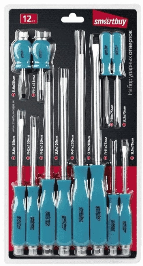 Набор отверток ударных 12 штук, крестовые и шлицевые, ручка под ключ, СR-V Smartbuy Tools/10