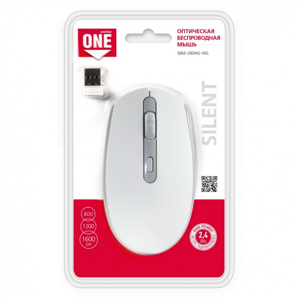 Мышь беспроводная Smartbuy ONE 280AG USB/DPI 800-1200-1600/4 кнопки/1AA бело-серая (SBM-280AG-WG)
