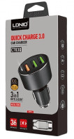 Автомобильное зар. устр. LDNIO C703Q с шнуром Lightning 3USB 36W серое