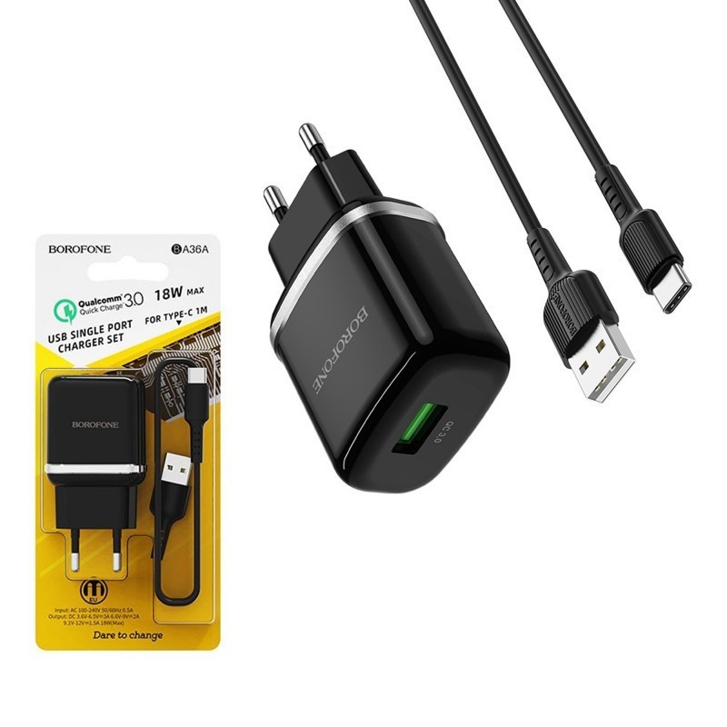 Сетевое зар. устр. Borofone BA36A с шнуром Type-C 1USB 3,0A черное Сетевое зар. устр. Borofone BA36A с шнуром Type-C 1USB 3,0A черное