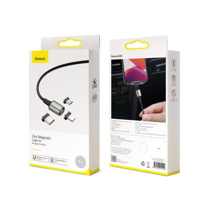 Usb Кабель-зарядка Micro+Lightning+Type-C Baseus Zinc Magnetic 2.4A 1м (TZCAXC-A01) чёрный