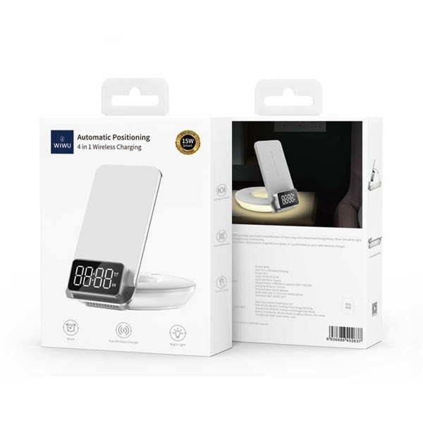 Беспроводное зарядное устройство с часами и ночником WIWU 4in1 для Phone+Watch+Pods M11 белое