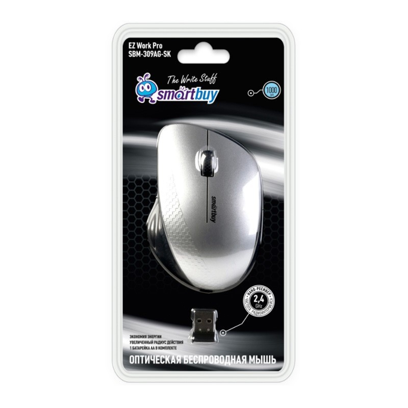 Мышь беспроводная Smartbuy 309AG USB/DPI 1000/3 кнопки/1AA (SBM-309AG-SK) серебро/металлик