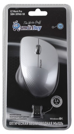 Мышь беспроводная Smartbuy 309AG USB/DPI 1000/3 кнопки/1AA (SBM-309AG-SK) серебро/металлик