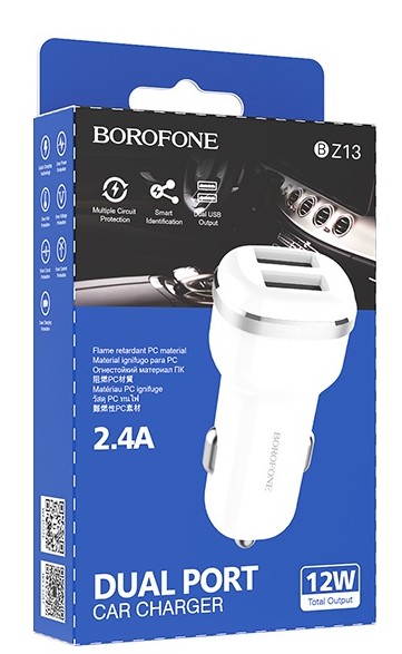 Автомобильное заряд. устр. Borofone BZ13 2USB 2.4A 12W белый