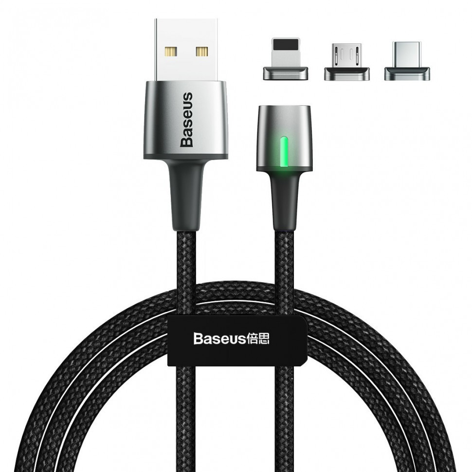 Usb Кабель-зарядка Micro+Lightning+Type-C Baseus Zinc Magnetic 2.4A 2м (TZCAXC-B01) чёрный