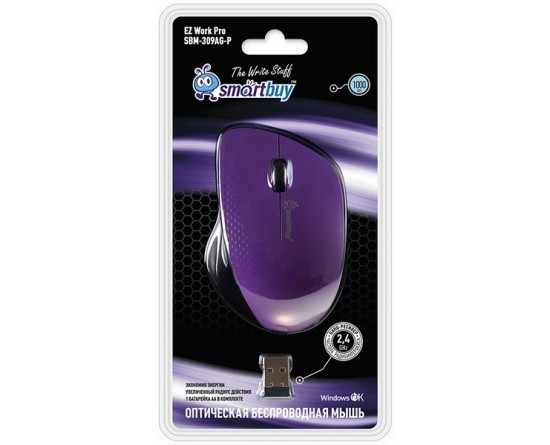 Мышь беспроводная Smartbuy 309AG USB/DPI 1000/3 кнопки/1AA (SBM-309AG-P) фиолет/черный