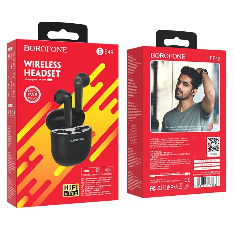 Беспроводные наушники TWS Borofone BE49 BT5.0/35mAh/3.5ч чёрные