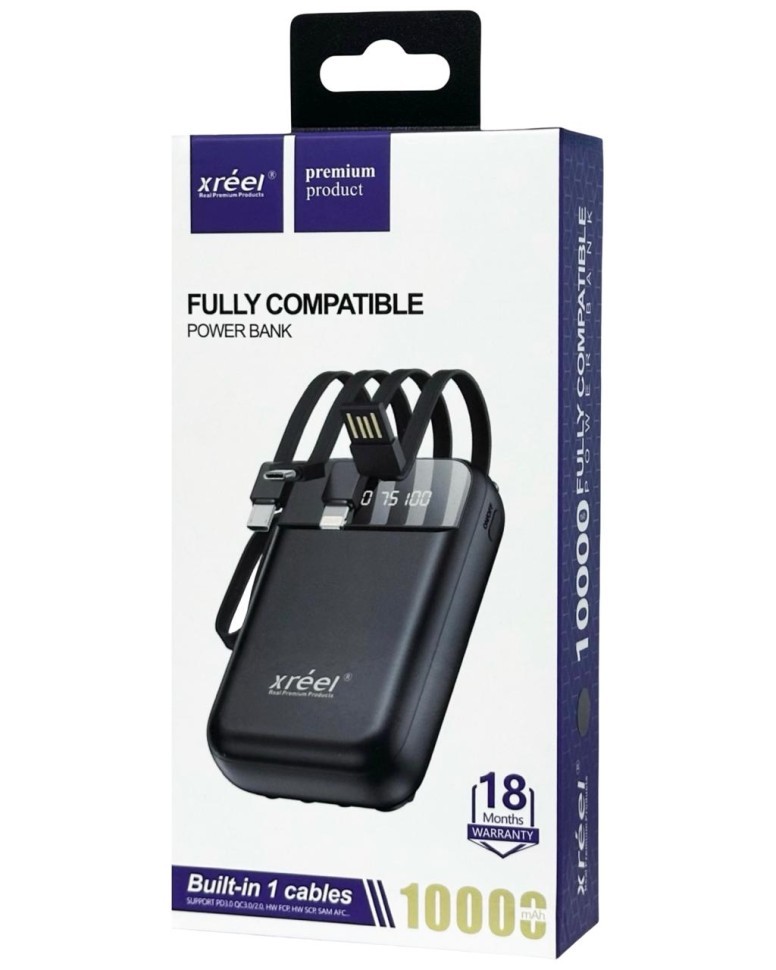 Powerbank Xreel 10000mAh 2USB/1USB-C с проводом Type-C/Lightning/Micro белый