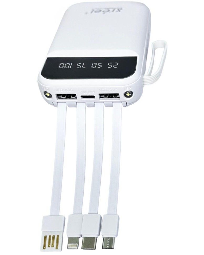 Powerbank Xreel 10000mAh 2USB/1USB-C с проводом Type-C/Lightning/Micro белый