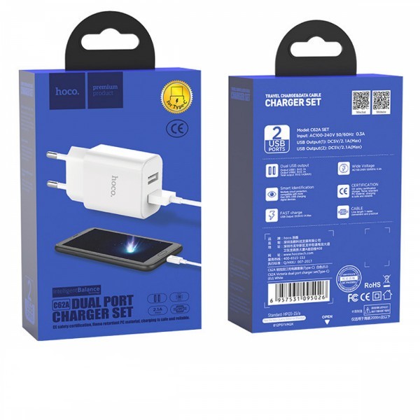 Сетевое зар. устр. Hoco C62A 2USB 2,1A Type-C белое
