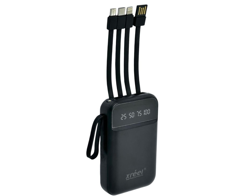 Powerbank Xreel 10000mAh 2USB/1USB-C с проводом Type-C/Lightning/Micro черный