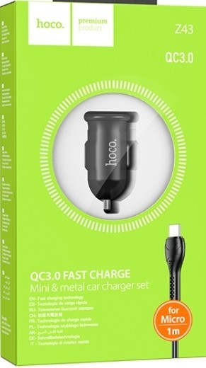Автомобильное заряд. устр. Hoco Z43 с шнуром Micro 1USB QC3.0 3A 18W темно-серое