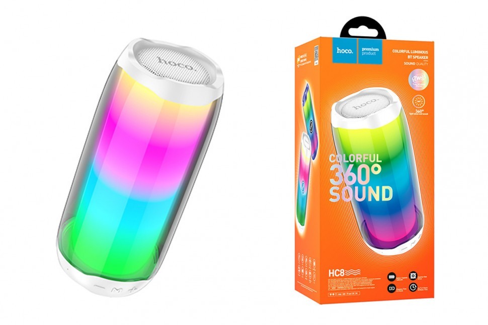 Bluetooth колонка Hoco Colorful TWS Speaker HC8 BT5.0/1800mAh/4ч/10Вт/TF/FM/USB/AUX белая