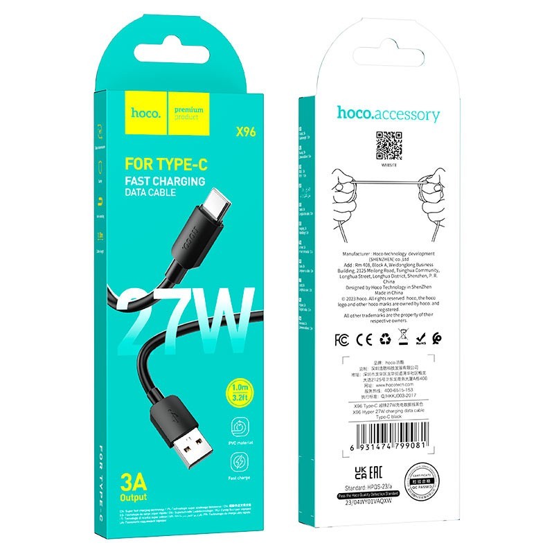 Usb Кабель-зарядка Type-C Hoco X96 27W 3A 1м силиконовый черный