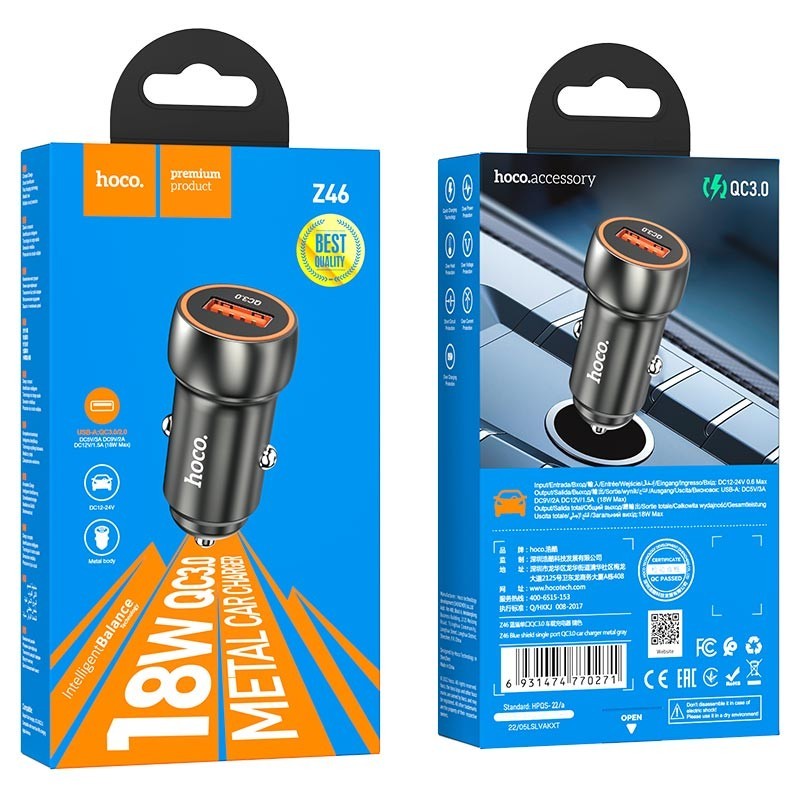 Автомобильное заряд. устр. Hoco Z46 1USB QC3.0 18W серое