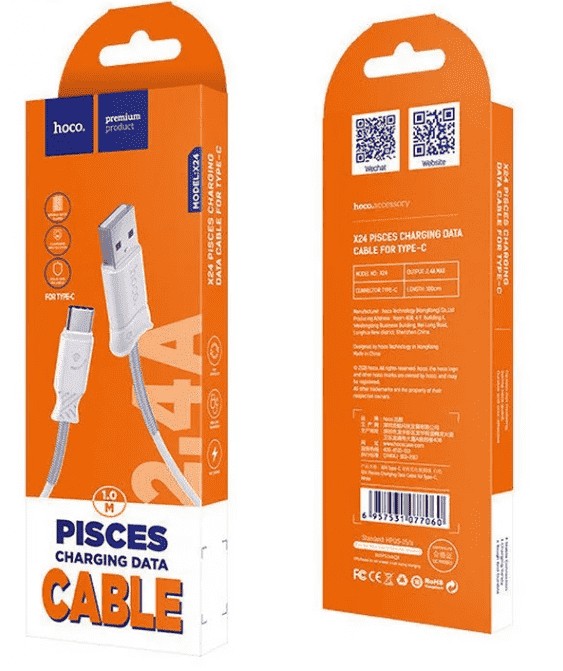 Usb Кабель-зарядка Type-C Hoco X24 Pisces 2.4A 1м силиконовый белый