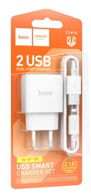 Сетевое зар. устр. Hoco C141A с шнуром Lightning 2USB 2.1A белое