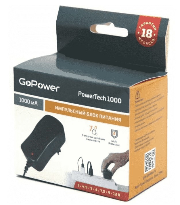 Импульсный блок питания GoPower PowerTech 1000 12V/1000 mA (7 переходников)