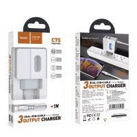 Сетевое зар. устр. Hoco C75 с шнуром Lightning 2USB 2.4A белое