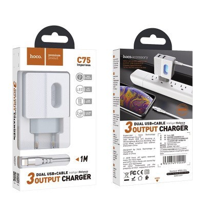 Сетевое зар. устр. Hoco C75 с шнуром Lightning 2USB 2.4A белое