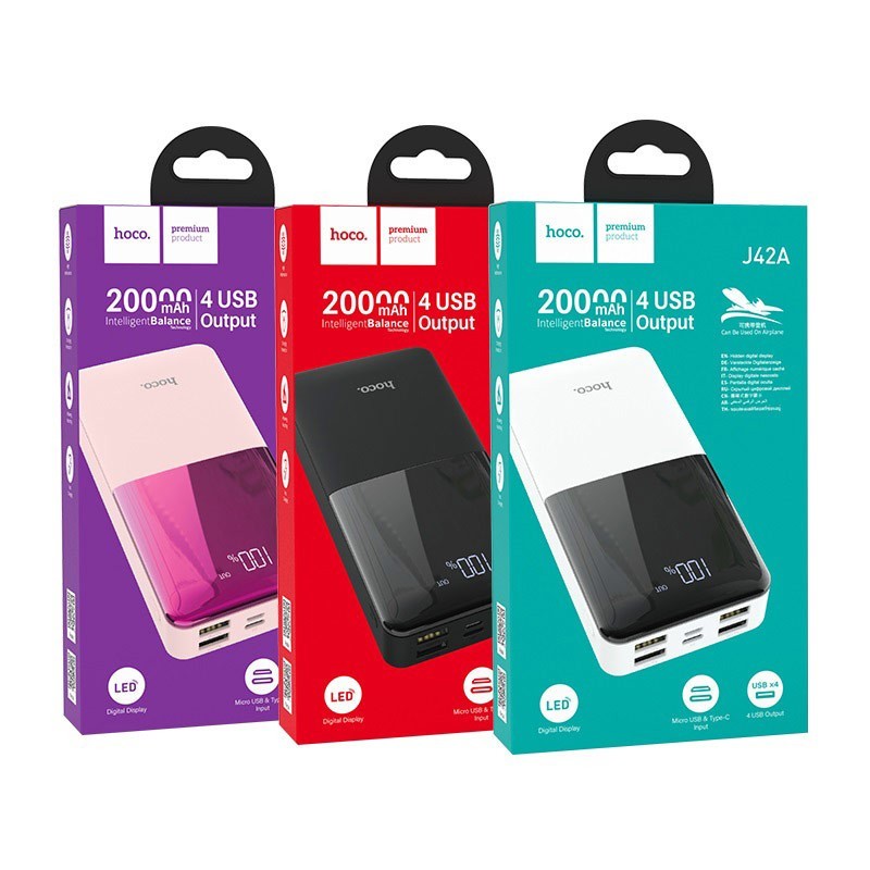 Powerbank Hoco J42A 4USB 20000mAh с цифровым индикатором розовый
