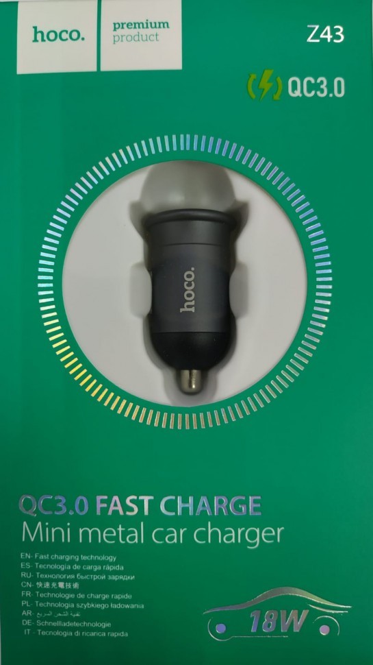Автомобильное заряд. устр. Hoco Z43 1USB QC3.0 3A 18W темно-серое